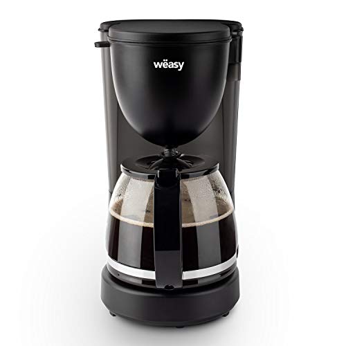 Weäsy Cafetière à Filtre KF24-1,25 L, Carafe Verre, Maintien au Chaud 40 min, Anti-Gouttes, Porte-Filtre Amovible, 600 W, Noir Mat