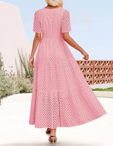 Image of ZESICA Women's 2026 Summer Short Sleeve Maxi Dress Casual V Neck Hollow Out Eyelet Ruffle Swing A Line Long Dresses