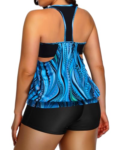 Image of Womens Plus Size Tankini Swimsuit Two Piece Tummy Control Bathing Suit | Blouson Racerback Tankini Top with Shorts, Double Up Design, Removable Pad