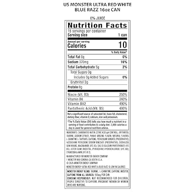 Monster Energy Ultra Red White & Blue Razz, Sugar Free Energy Drink, 16 Ounce (Pack of 15)