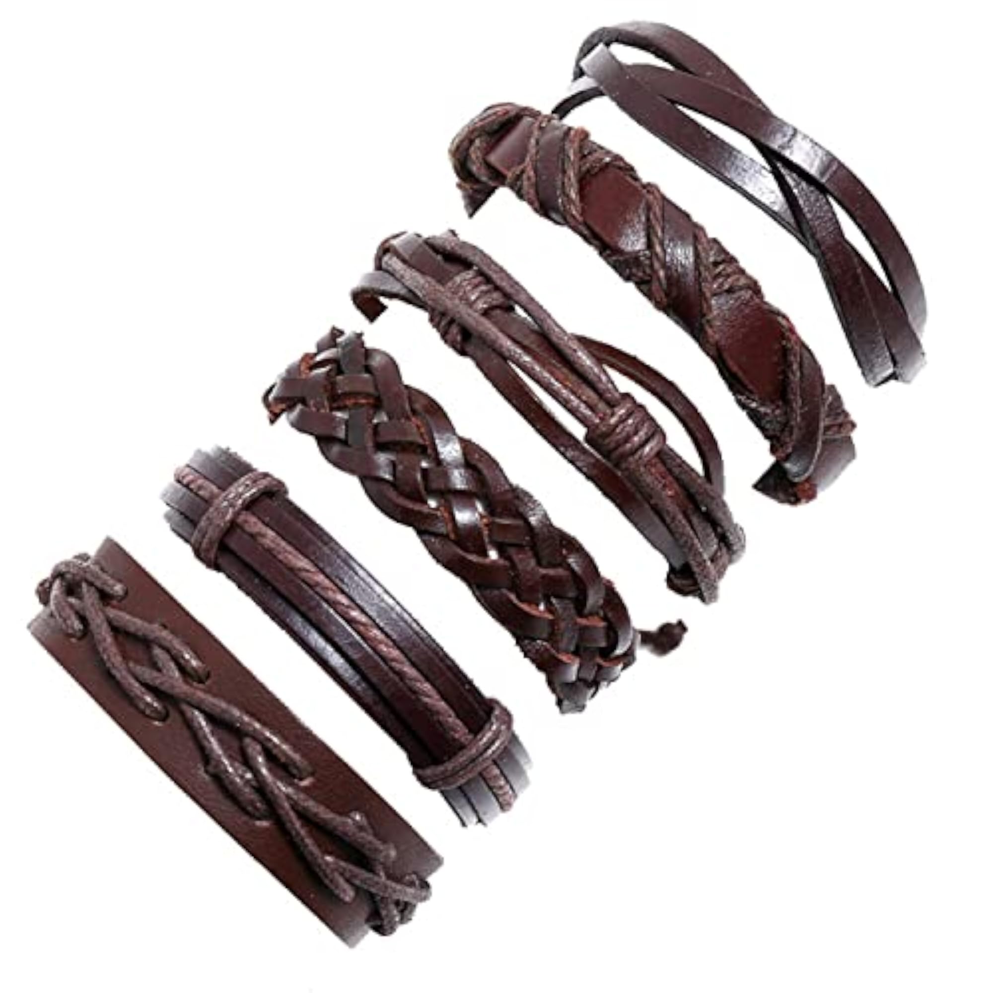 Brown Leather Bracelet Set of 6 Handcrafted Stylish Design for Men & Boys