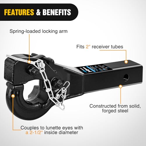 Image of Nilight 10-TON Pintle Hitch for 2-Inch Receiver Hook Military Receiver 20000LBS,Fits 2-1 /2 in Lunette Ring, Gloss Black Powder Coat