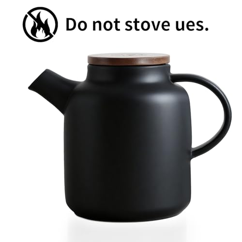 Image of Yundu 1500ml / 50 oz Ceramic Teapot with Infuser & Wood Lid - Matte Black, Loose Leaf Tea Pot with Removable Strainer, Large Capacity