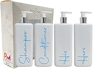 Print Maniacs Mrs Hinch Inspired Signature White 500ml Square Reusable Dispenser Bottle Silver Pump Personalised Bathroom Storage Toiletries Set F2 (Grey, Shamp, Con, Body Wash)