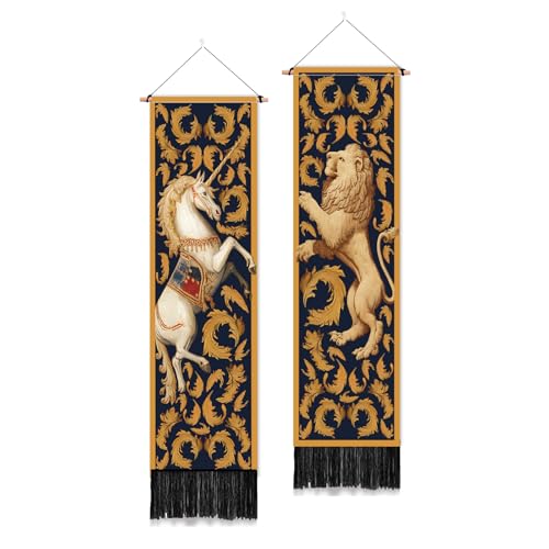 PLIGREAT Lot de 2 tapisserie Murale à Motif Médiéval Tapisserie Murale Verticale Rétro Lion et Cheval avec Pompons Idéale pour la Chambre le Salon la Salle de Bain et la Décoration Intérieure