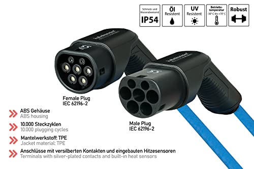 Kabelmeister Kabel do ładowania samochodu E Mode 3, typ 2 wtyczka do gniazda, 3-fazowy, 32 A, 22 kW, niebieski, 5 m