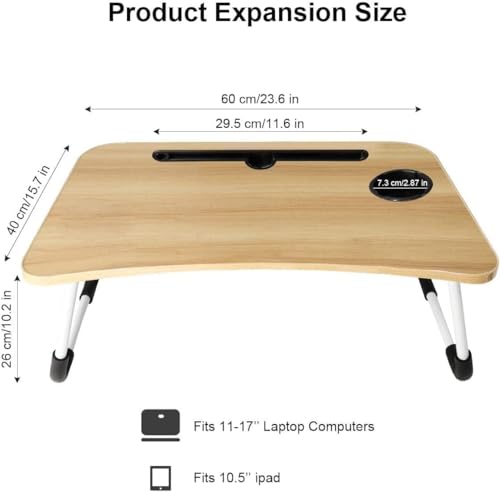 Image of Study Table Foldable Wooden Laptop Bed Tray Table, Multifunction Lap Tablet Desk with Cup Holder, Perfect for Eating Breakfast, Reading Book, Working, Watching Movie On Bed(Brown), 60 cm
