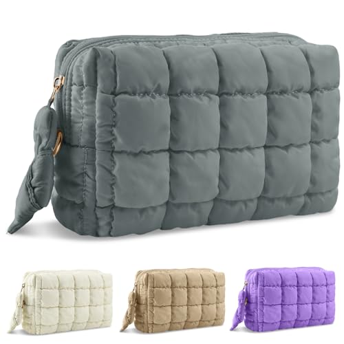 UIXIZQ Puffer Quilted Makeup Bag Cosmetic Bags,Puffy Travel Toiletry Pouch for Women,Cute Checkered Zipper Bag Travel Essential,Portable Aesthetic Make up Organizer Bag for Gifts Work Daily(Grey,M)