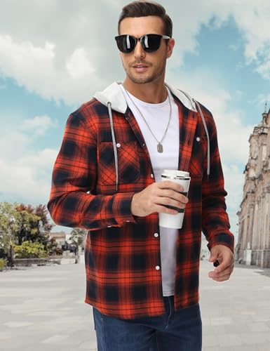 Image of MAGCOMSEN Men's Plaid Hooded Jacket Flannel Shirts Long Sleeve 4 Pockets Casual Button Down Shirts