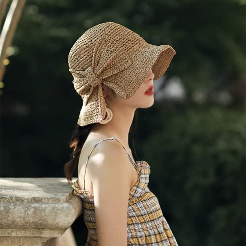 Image of GSHLLO Women Bowknot Straw Hat Foldable Outdoor Sun Hat Summer Beach Floppy Hat UV Protection Straw Cap Sun Visor Cap
