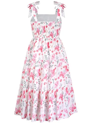 Dolxico Girls Floral Dress Summer Ruched Flowy Chiffon Tiered Cami Dresses with Pockets Kids Hawaiian Beach Vacation Wedding Birthday Sleeveless A-Line Midi Sundress for 12-14 Years(Pink Butterfly) — view 4