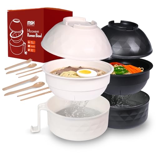Ramen Bowl Microwavable, 2 Sets Microwave Noodle Bowl With Strainer, Ramen Noodle Cooker Microwave, Wheat Fiber Set With Chopsticks Spoon& Fork, Dorm Room Essentials (Black & Beige)