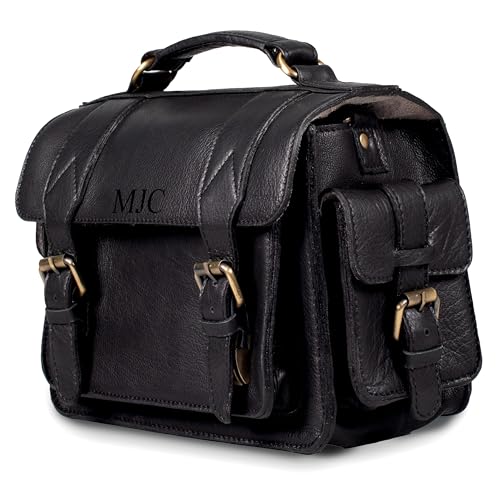 Black Leather Camera Bag – Compact Full-Grain Cowhide DSLR Sling for Men & Women with Grey Suede Lining, Front Pocket, Padded Interior, Adjustable Shoulder Strap, Custom Personalization