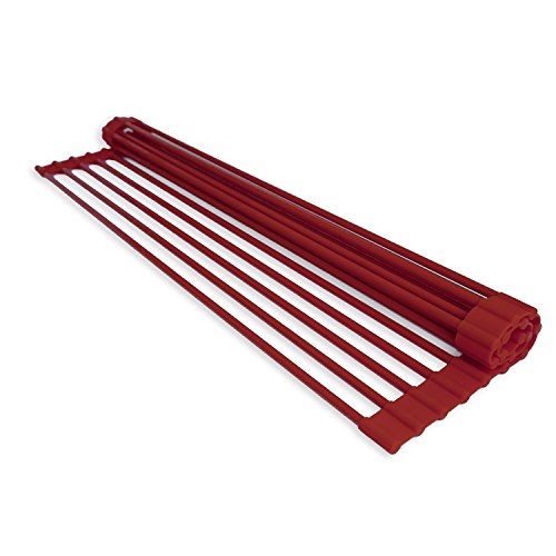Domestic Corner - Over-The-Sink Dish Drying Rack - Roll Up Dish Drying Rack, Perfect for Cleaning & Drying Plates, Cups, Pots, Pan and Produce (Red)