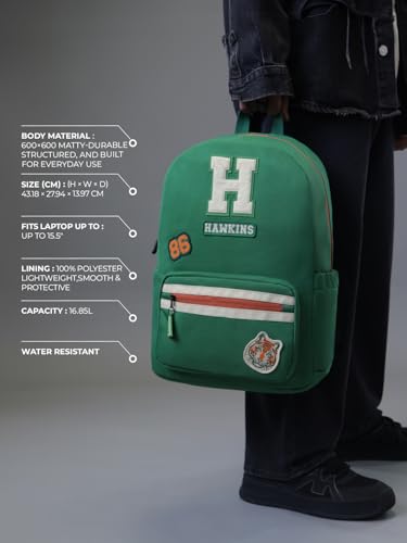 Image of The Souled Store Official Stranger Things Hawkins School Backpack | Green 18L Retro Daypack with 15.6 inch Laptop Sleeve & Embroidered Patches