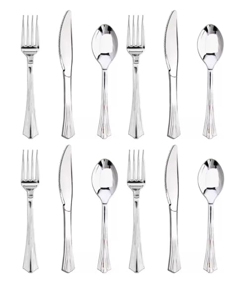 Assorted Plastic Reusable Cutlery Set, Pack of 36 (Metallic Silver)