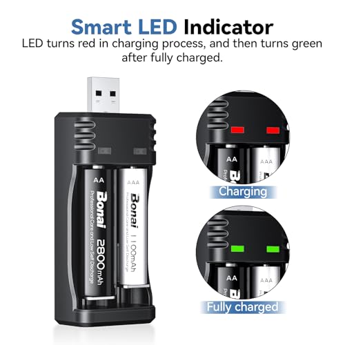 BONAI Akku 2X AA und 2xAAA 1,2V 2800/1100mAh Wiederaufladbare Batterien Hohe Kapazität mit Ladegerät, Batterieladegerat USB-Schnellladegerät für AA AAA NI-MH Akkus
