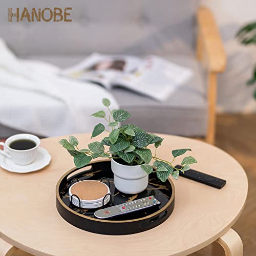 Hanobe Round Decorative Coffee Tray: Marble Pattern Serving Circle Tray with Handles Coffee Table Trays for Living Room Bar Drink Party Home Kitchen Black - Image 4