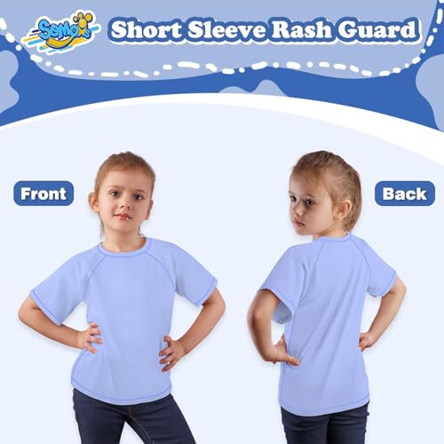 Image of Girls Rash Guard Short Sleeve, Ethereal Blue UPF 50+ Sun Protection Rashguard Slim Fit Swim Shirt Fishing Surf Quick Dry Cool Beach Clothes for Toddler Youth Kids Size 5-6 Years