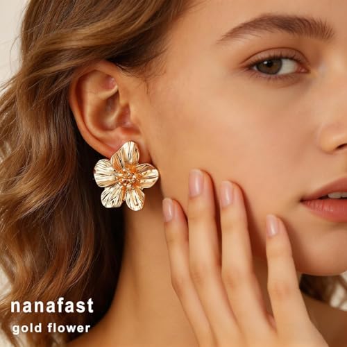 Large Gold Flower Earrings for Women, Chunky Petal Design Stud Earrings, Lightweight Hypoallergenic Stainless Steel Jewelry for Party, Holiday Festive Fall Outfits, Elegant Gifts for Her-gold by Nanafast - Image 2
