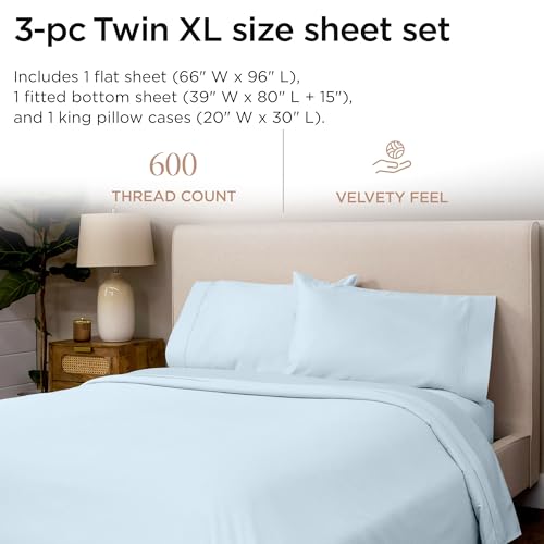Image of Threadmill 100% Cotton Sheets for Twin XL Size Bed - 600 Thread Count Twin XL Bed Sheets Set with 15 inch Deep Pocket - Sateen Weave 3-Piece Bedding Set with Cooling Effect, Blue