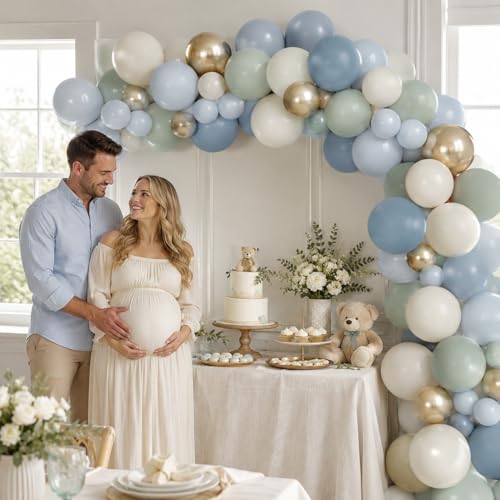 Image of Dusty Blue Green Balloons, Slate Fog Blue Dusty Green Ivory Balloons with Metallic Light Gold Balloon for Women Men Boho Jungle Safari Birthday Bridal Baby Shower Wedding Engagement Party Decorations