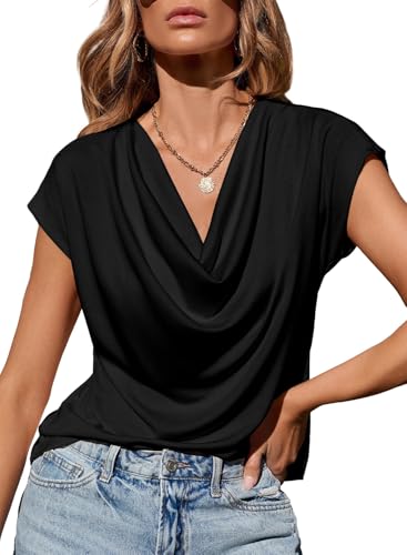 EVALESS Shirts for Women Fashion 2025 Cowl Neck Tops for Women Dressy Casual Short Sleeve Clothes Summer Outfits