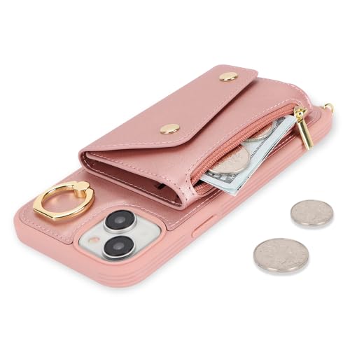 Lipvina for iPhone 15 Plus Case with Card Holder and Strap - Zipper Pocket,Crossbody Lanyard Strap,Credit Card Holder,Stand Ring,Cute Phone Wallet Case for Women(Rose Gold,6.7 Inch) by Lipvina - Used condition - Image 3