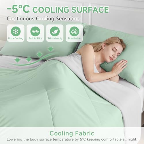 Image of HOMFINE Cooling Comforter Japanese Double-Sided Cold Tech Fabric Cooling Blanket for Night Sweats Hot Sleepers, Q-Max 0.45 Soft Breathable Silky Smooth Lightweight, Green Summer Comforter King