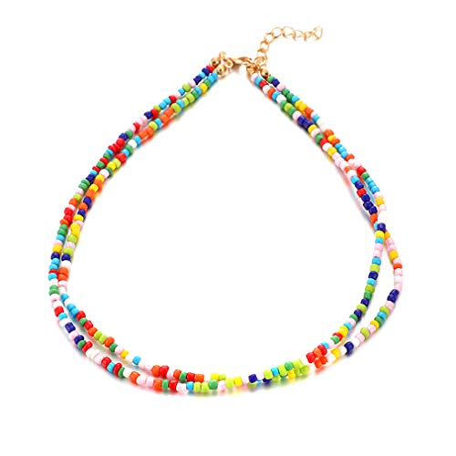 DONGMING Double Layered Bead Choker Necklace Tiny Beaded Choker Boho Colorful Choker Necklace Chain Jewelry for Women Adjustable