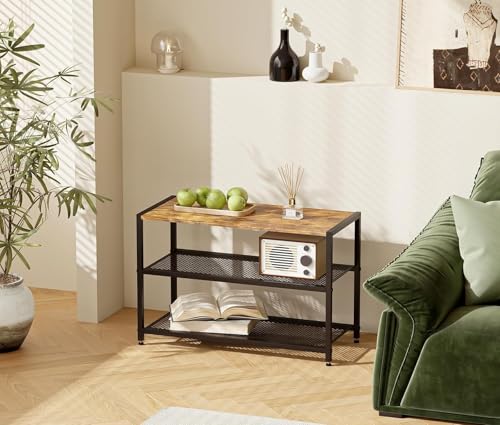 Image of Wooden 3-Tier Shoe Bench with Hanging Heel Storage, Industrial Entryway Organizer, Wooden Top Seating Bench, Metal Mesh Shelves Shoe Rack for Hallway and Closet