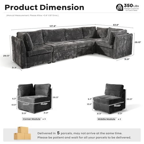 Image of ovios Modular Sectional Sofa Couch with V-Shape Chaise Convertible, Comfy Plush Corduroy Cloud Couches, Modern Luxury Deep Seat Sofas Set for Living Room, 5-Seater, Grey