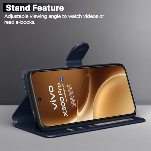 Image of Amazon Basics Flip Cover for Vivo X300 Pro 5G Leather Finish | Wallet Stand and Shock Proof | Inside TPU with Card Pockets | Complete Protection Flip Case (Blue)