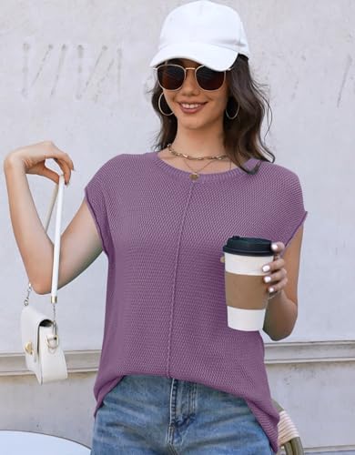 Image of Waffle Knit Sweater Shirts for Women Cap Sleeve Summer Tops Basic Tank Tops