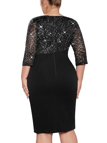 Image of MISSMAY Plus Size Lace Ruffle Cocktail Party Dress | Sequined Dress,V Neck,Ruffle Split Hem,Party Dress,Sparkle,Curvy Women,Bodycon Dress
