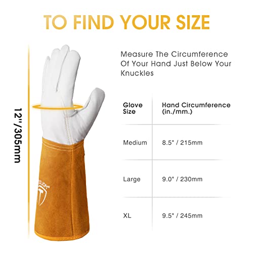 Tooliom Premium Goatskin Tig Welding Gloves,Cuff Cowhide Split Leather,With Soft Lining,High-Dexterity (14-Inch, Large) #TOP5