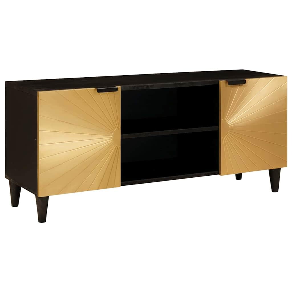 Hothingwell Szafka pod telewizor czarno-złota 105 x 33 x 46 cm drewno konstrukcyjne | Zawiasowe drzwi, stoły wewnętrzne, nogi stożkowe, przechowywanie multimediów do salonu