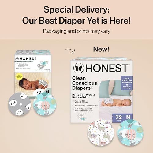 the honest company clean conscious diapers for delicate skin up to 100 leakproof hypoallergenic fragrance-free baby diapers gender neutral prints club box size newborn 72 count prints may vary