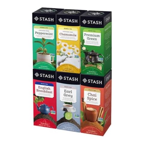 Stash Tea Variety Pack Timeless Classic with (Stash Chai Spice, Chamomile, Premium Green, English Breakfast Black, Peppermint & Early Grey Tea) 6 Flavor Assorted Tea Collection - 30 Tea Bags Each (Total 180 Tea Bags) with eRaiyan Sticker Cover
