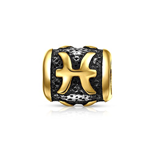 Astrology Horoscope CZ Zodiac Pisces Charm Bead For Women For Teen Gold Plated Sterling Silver Fits European Bracelet