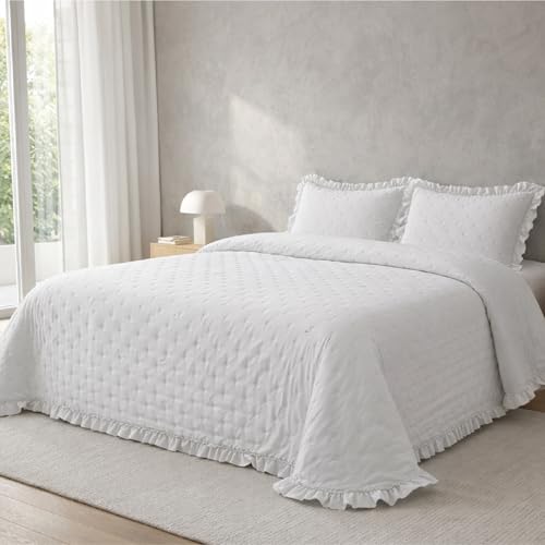 Victorio & Lucchino – Colcha Lavada Termosellada con Volante – Incluye Fundas de Cojín – Colcha Decorativa Moderna (Amara - Blanco, Cama 135 cm)