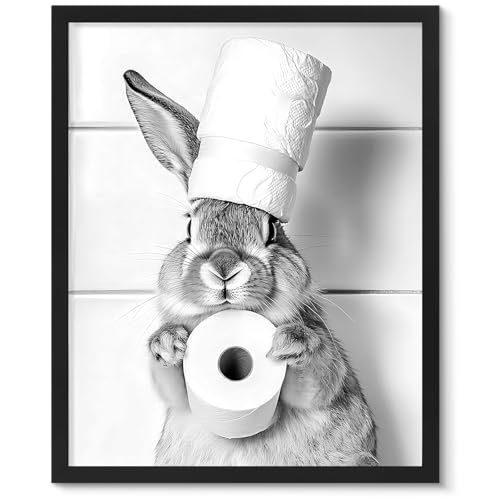 uniro Funny Bathroom Wall Art Prints, Black and White Cute Bunny Bathroom Picture Wall Decor, Cute Rabbit Animal Canvas Print Painting, Modern Bathroom Signs Wall Art Poster for Bathroom Decor (8"x10 - UNFRAMED)