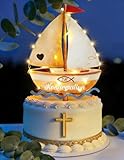 Tortendeko Konfirmation mit LED Lichterkette, Tortenaufleger Konfirmation aus Holz, Arche Noah & Fisch Cake Topper, Deko & Konfirmationsgeschenk für Jungen und Mädchen