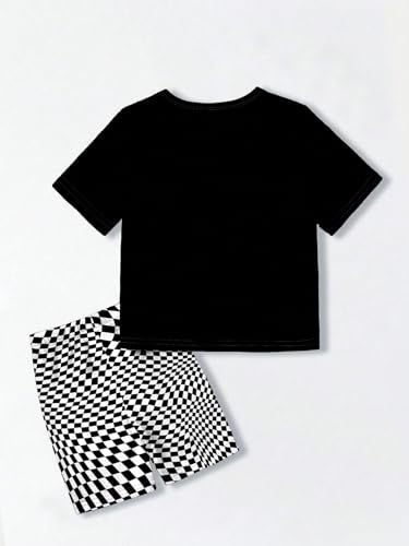 Image of WDIRARA Girl's 2 Piece Outfit Letter Car Graphic Tee Top with Plaid Checkered Biker Shorts Set