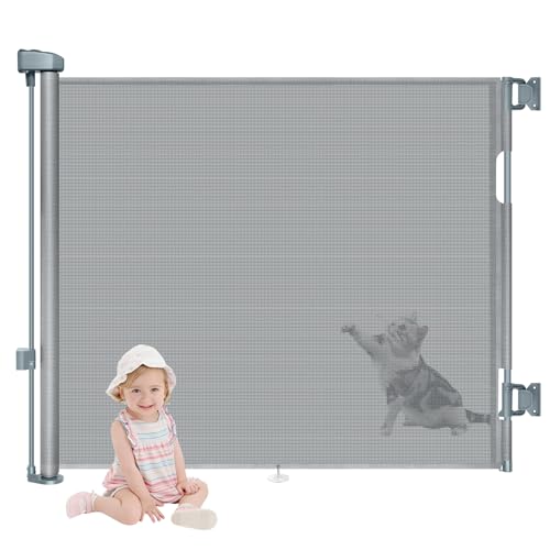 Retractable Stair Gate for Baby Mesh Extendable Dog & Pet Stair Gates - 86CM Tall & 140CM Wide Kid/Child Safety Gate for Indoor/Outdoor/Doorways/Hallways/Stairs (GREY)