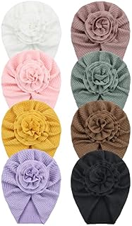 Cinaci 8 Pack Solid Striped Nursery Hospital Turban Hats with Flower Floral Caps Beanies Bonnets for Baby Girls Toddlers Infants