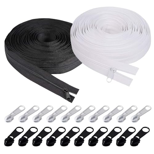 Cremallera Continua de Nailon #3 con Cursor - 10 Metros (5m Negro + 5m Blanco) + 20 Tiradores Metálicos | Cremalleras por Metros para Coser en Ropa, Mochilas & DIY