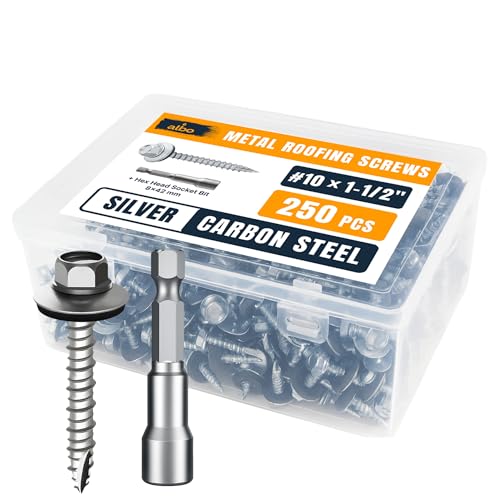 Image of ALBO 250 Pcs #10 x 1-1 /2 inch Silver Metal Roofing Screws, EPDM Washers