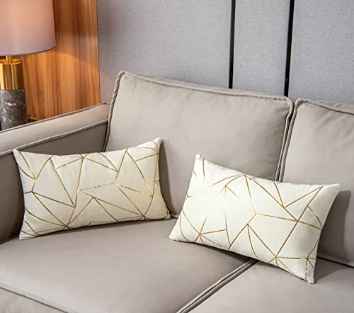Yongliu Pack Of 2 Velvet Lumbar Throw Pillow Covers Velvet Decorative Soft Gold Foil Geometric Pattern Cute Cushion Case For Modern Homes Sofa Couch Bedroom Living Room Car (White And Gold, 12“X20”) #TOP2