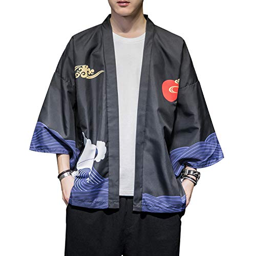 Image of PRIJOUHE Men's Japanese Kimono Cardigan Jackets Casual Long Sleeve Open Front Coat Lightweight Yukata Outwear
